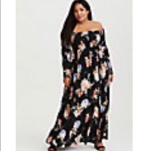 Floral smocked off the shoulder maxi dress
